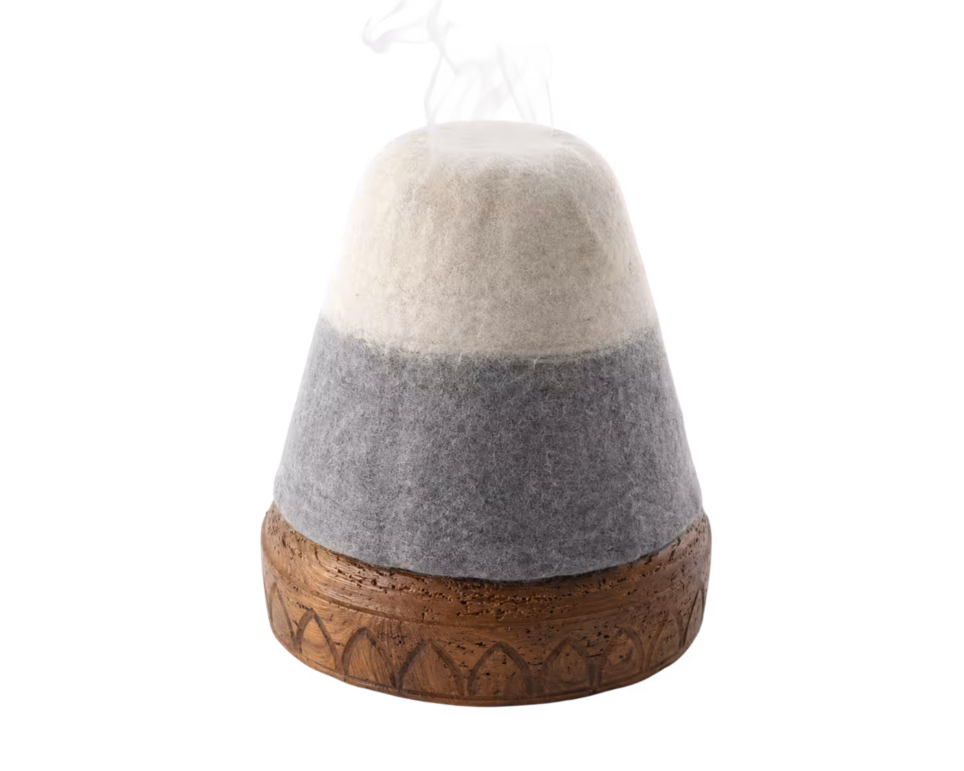 Wool sauna hat blocking process on traditional wooden block