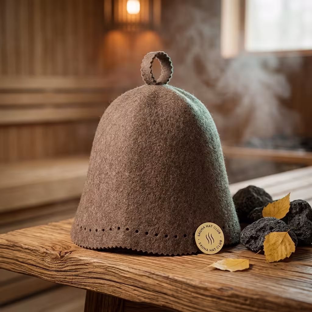 Classic Merino Wool Sauna Hat in light gray presented with branded gift box on wooden shelf