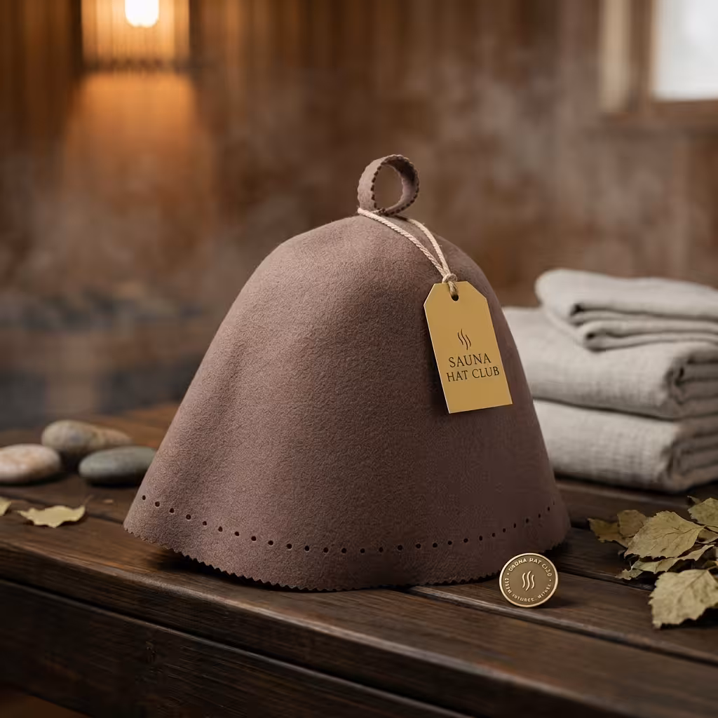 Classic Merino Wool Sauna Hat in taupe gray displayed on a wooden tray with sauna accessories