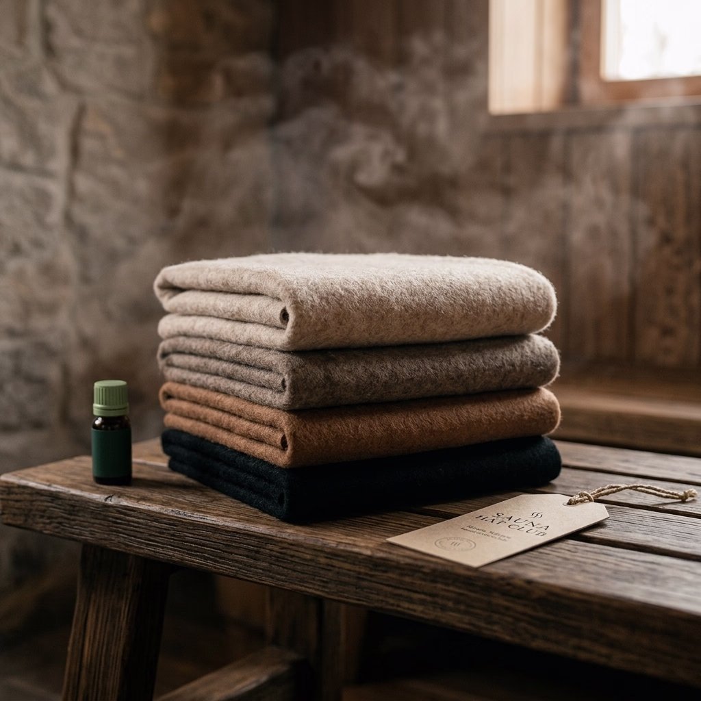 Premium black banya hat by Sauna Hat Club on a traditional wooden sauna bench