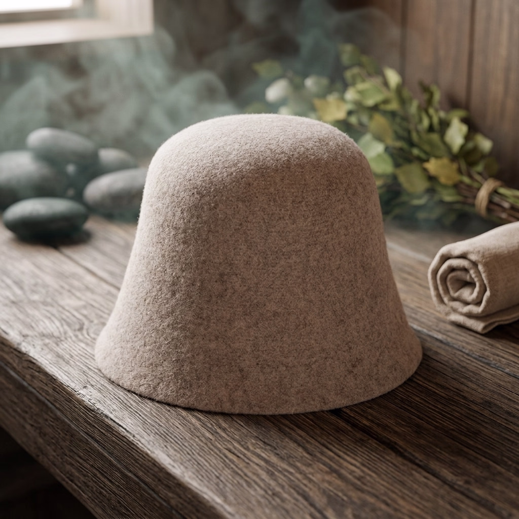 Light grey merino wool sauna hat standing upright on a minimalist pedestal display