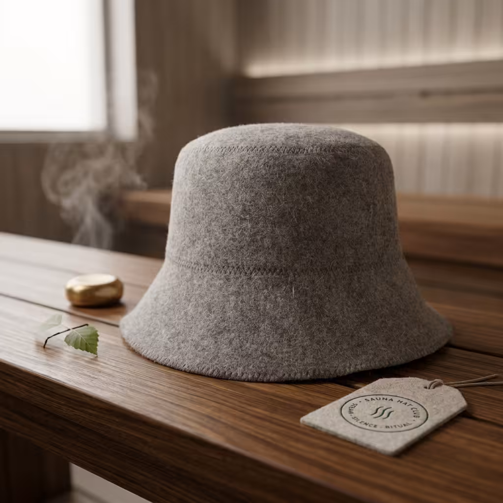 Light grey heathered wool sauna hat next to Sauna Hat Club packaging
