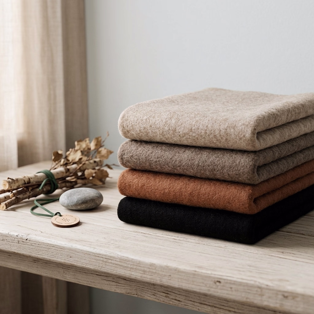 Premium merino wool sauna hat in natural beige, neatly folded and stacked with soft textiles