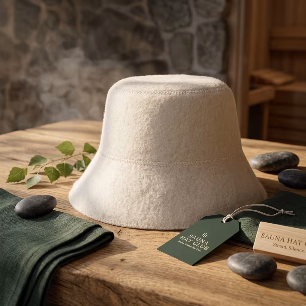 Pure white natural wool felt sauna hat by Sauna Hat Club resting on a wooden bench with sauna stones