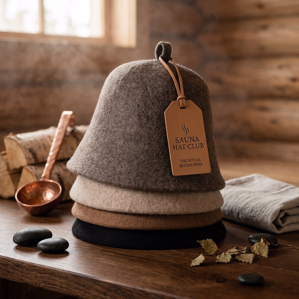 Brown banya hat next to a traditional wooden sauna ladle and bucket