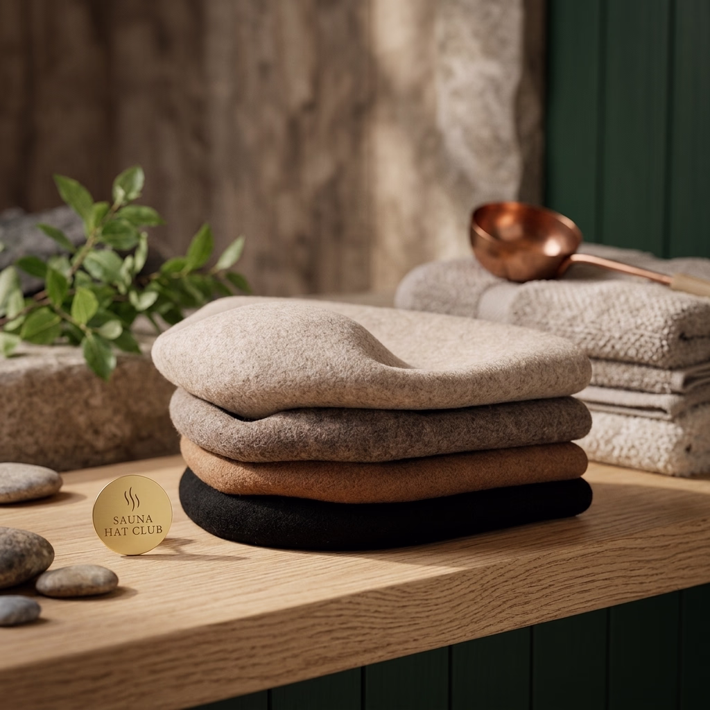 Stacked merino wool sauna hats in neutral tones photographed near a bright natural light window