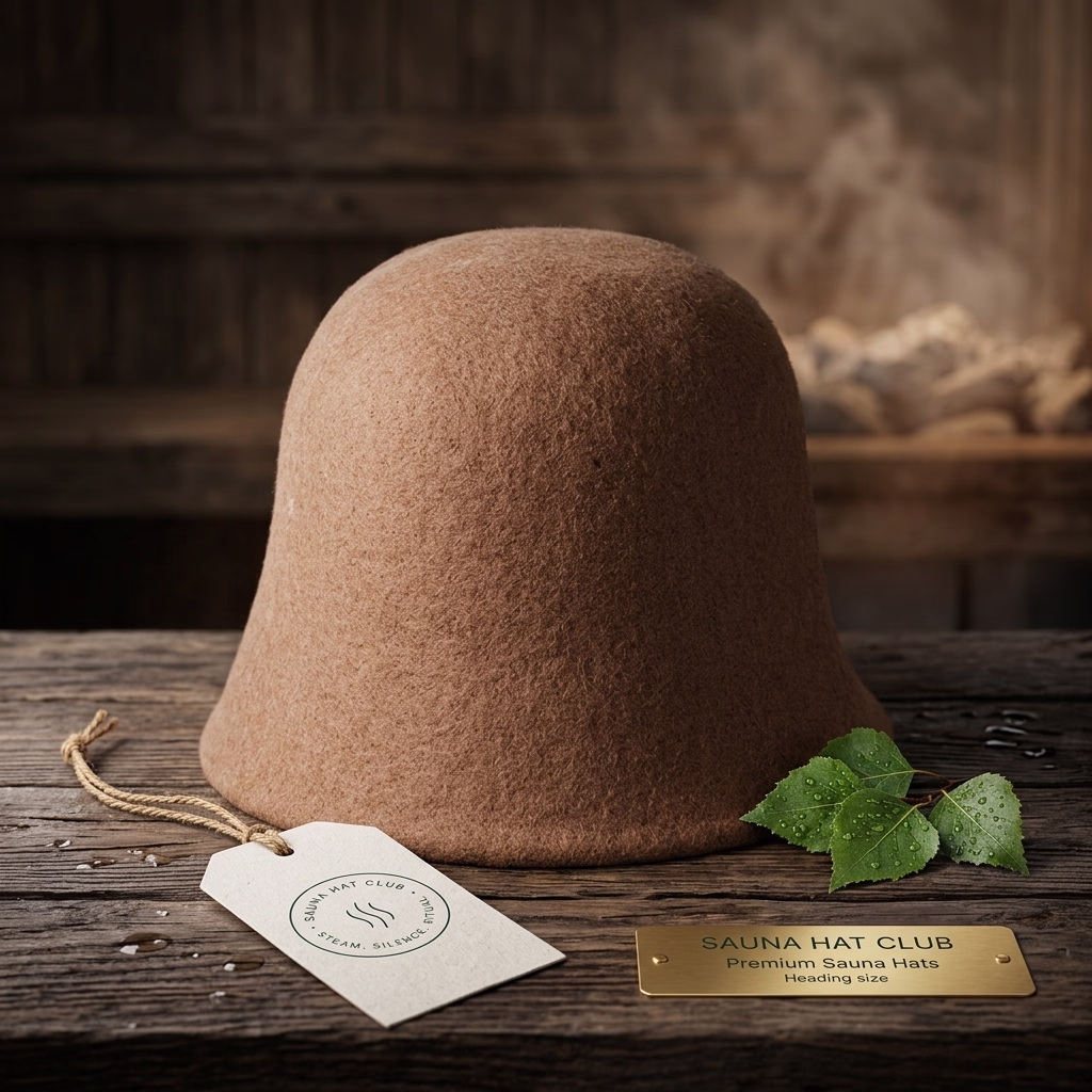 Brown natural wool felt sauna hat by Sauna Hat Club on a wooden bench