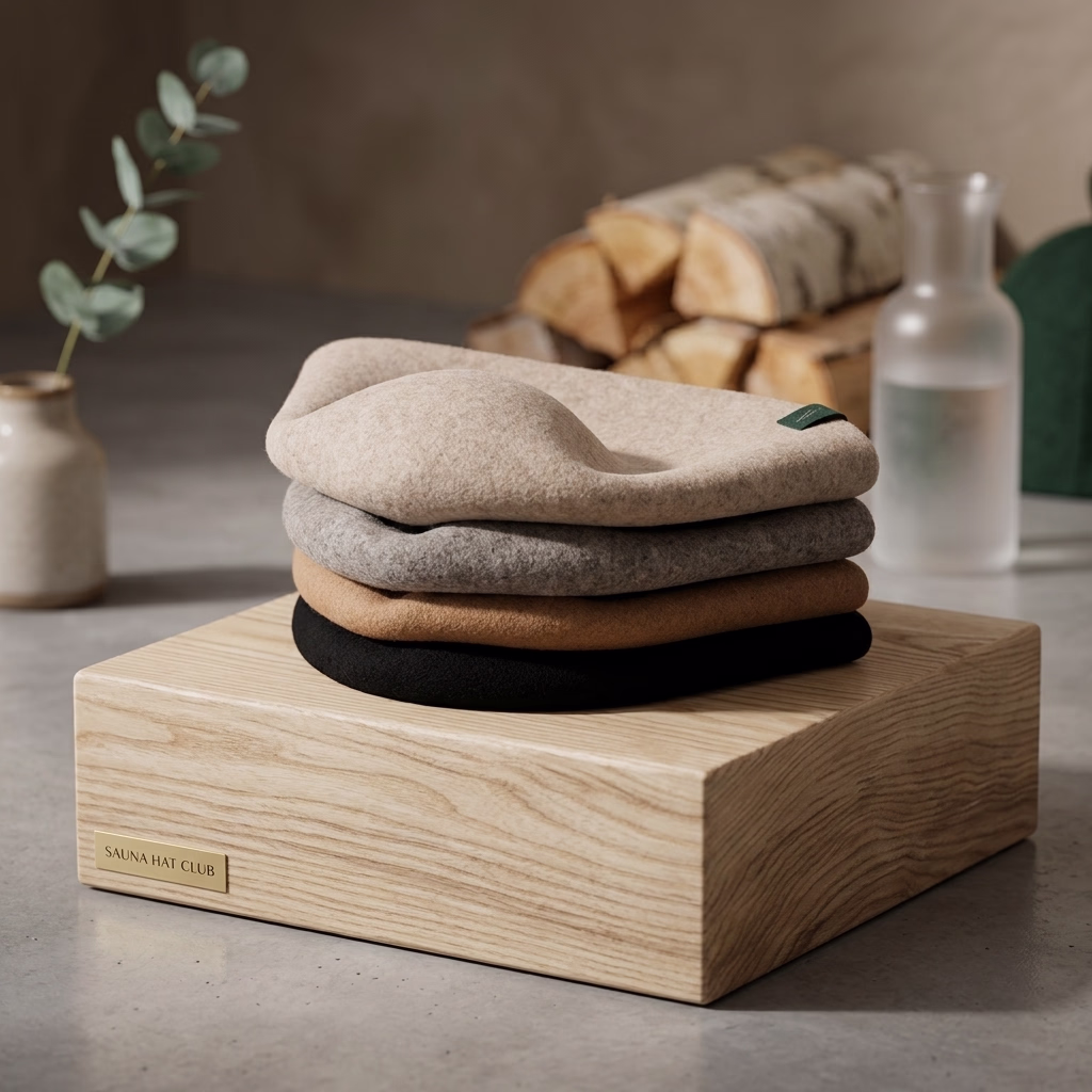 Tan merino wool sauna hat laid flat on a natural stone surface with botanical accents