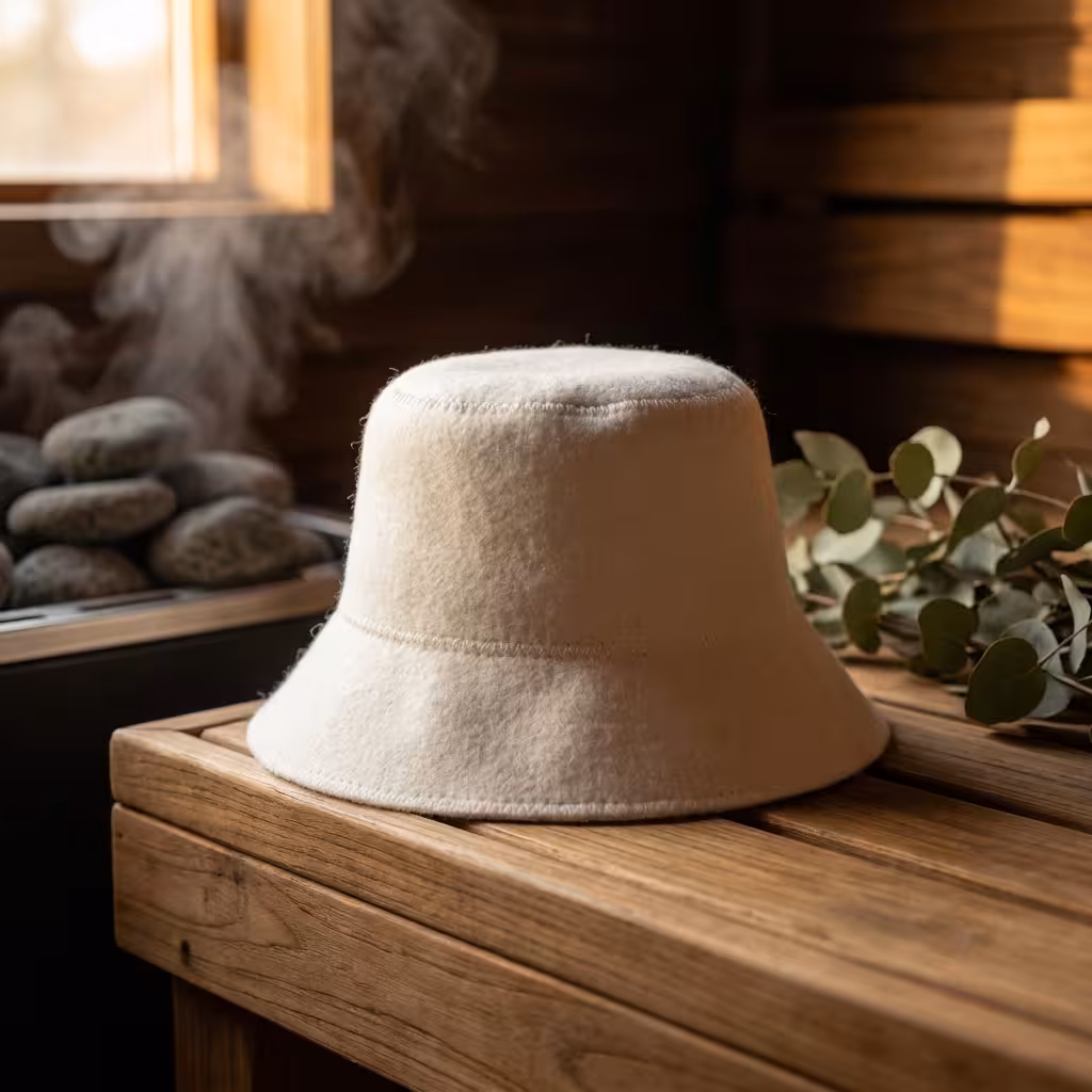 Premium white wool felt sauna hat by Sauna Hat Club on a wooden surface