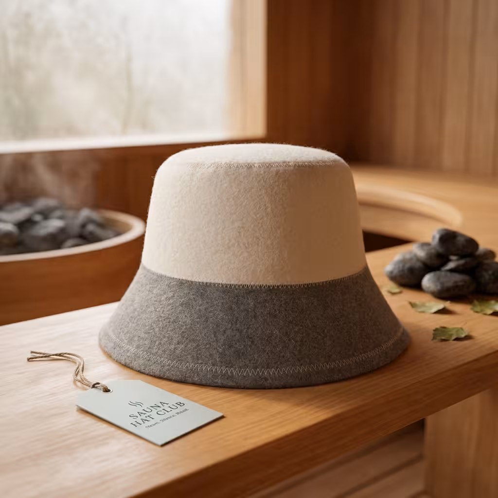 Dark brown merino wool sauna hat on wooden bench with sauna steam