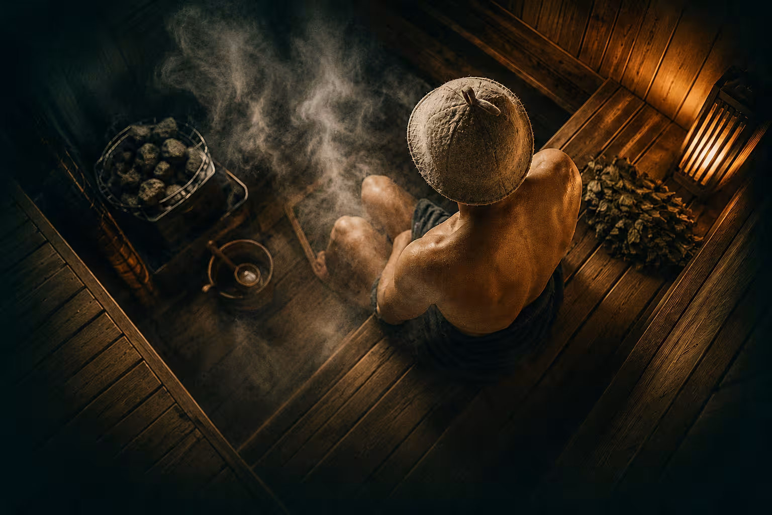 Person in a traditional Finnish sauna wearing a wool sauna hat with steam rising — Sauna Hat Club article cover on how many calories a sauna burns