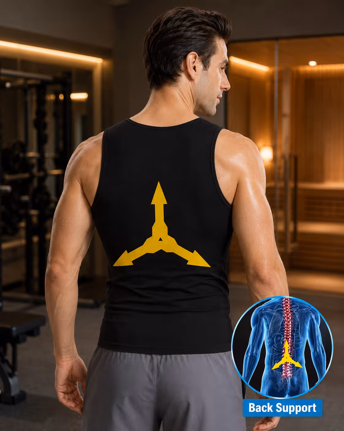 Black sweat suit sauna shirt showing back support design for men during sauna sessions