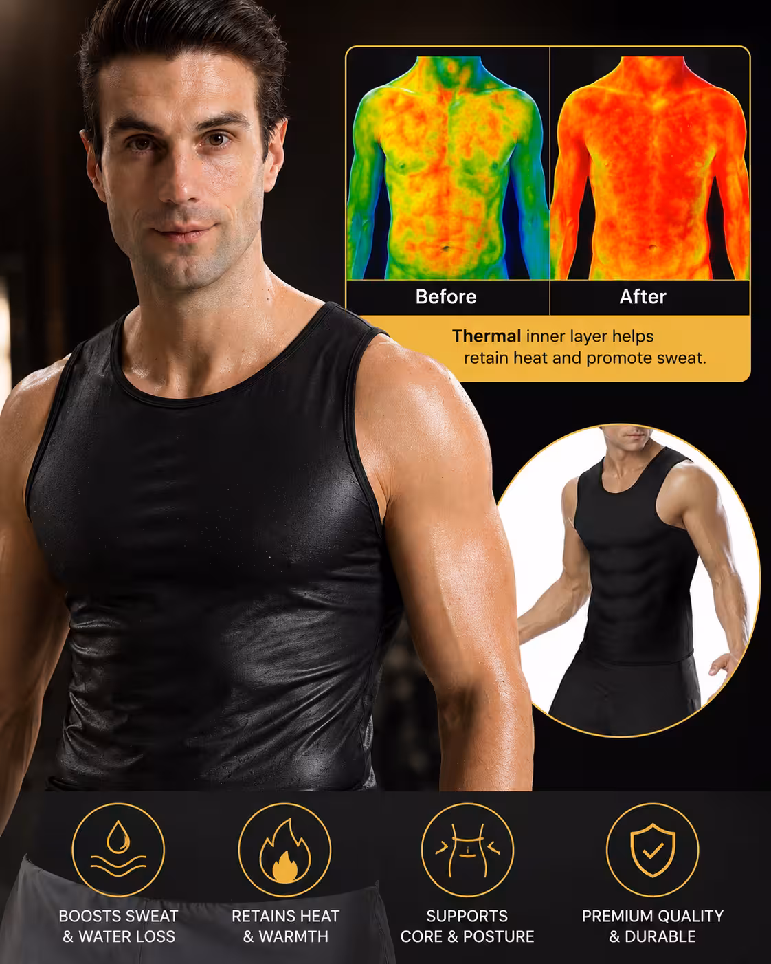 Infographic showing benefits of sweat suit sauna apparel for heat retention and detoxification