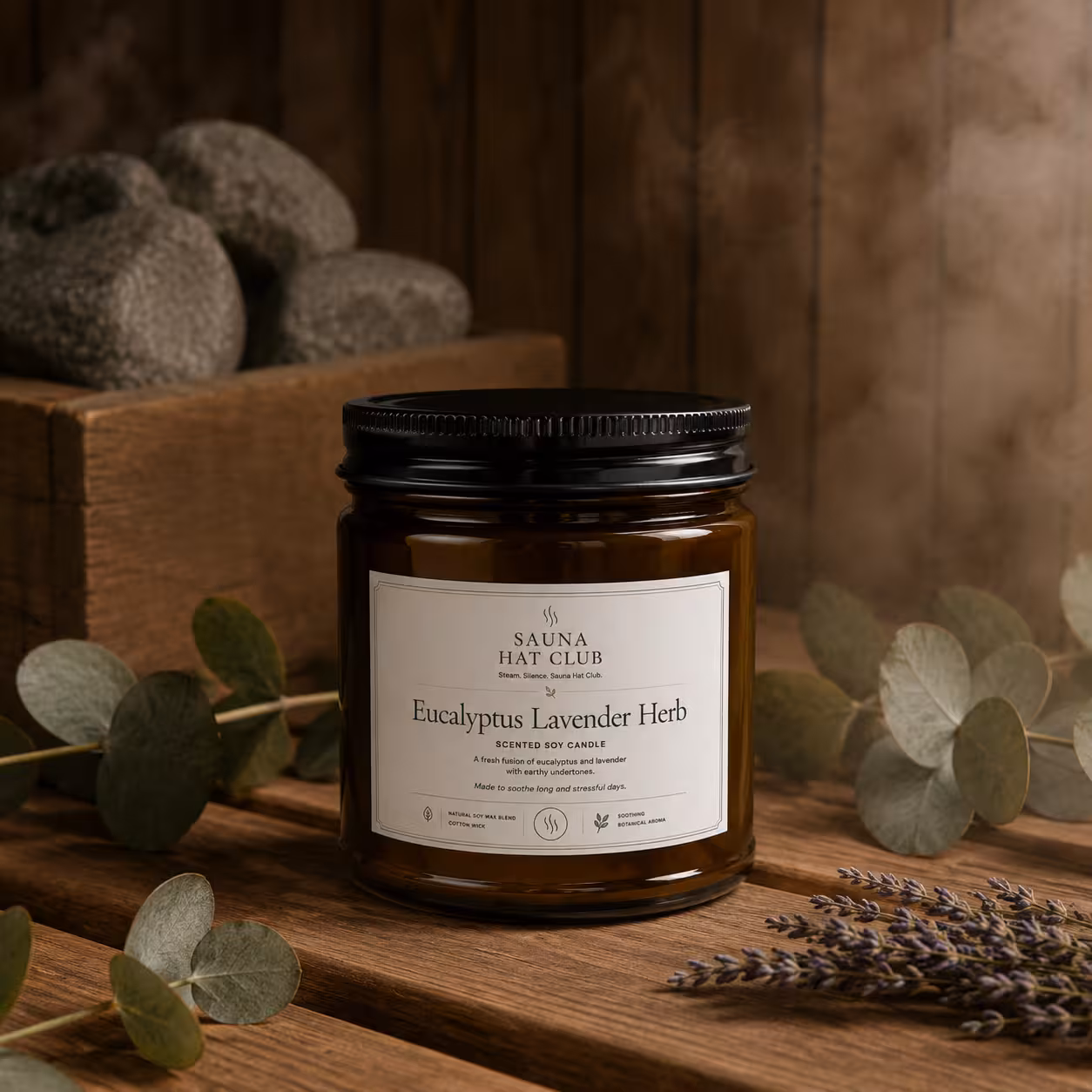 Front view 4oz amber jar Eucalyptus Lavender Herb scented soy candle with black lid