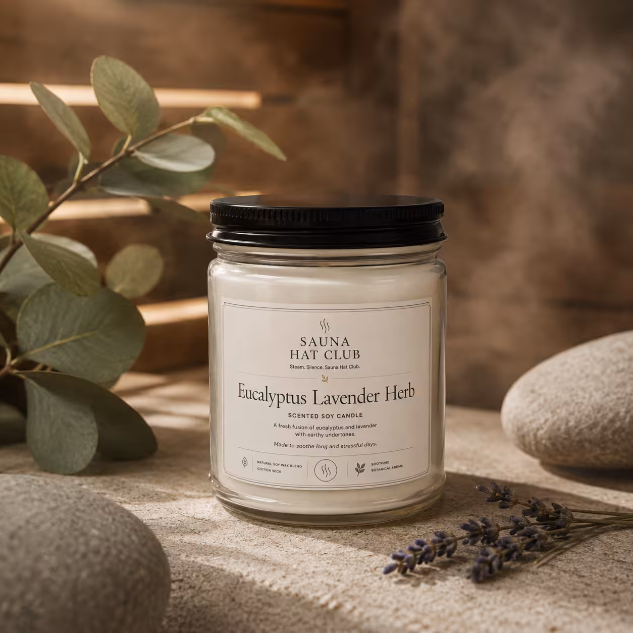 Front view 4oz clear jar Eucalyptus Lavender Herb soy candle with black lid