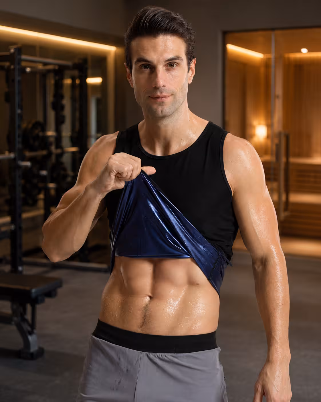 Navy sweat suit sauna shirt for men wearing sauna apparel during heat session
