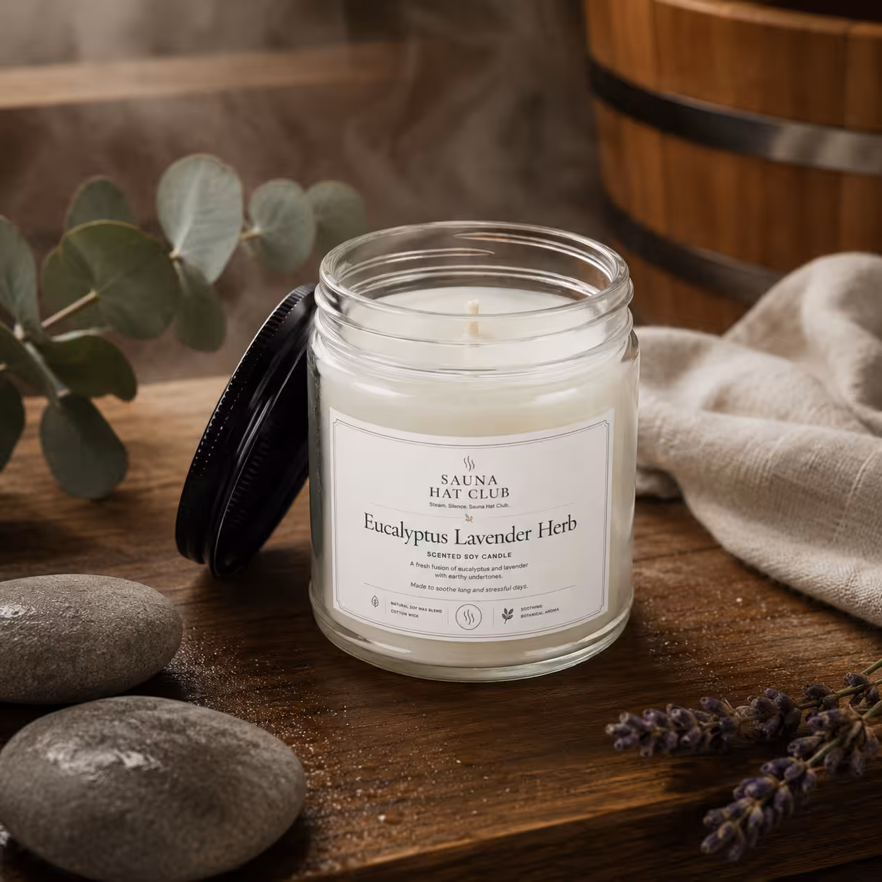 Sauna Soy Candle | Eucalyptus Lavender Herb Candle with Black Lid