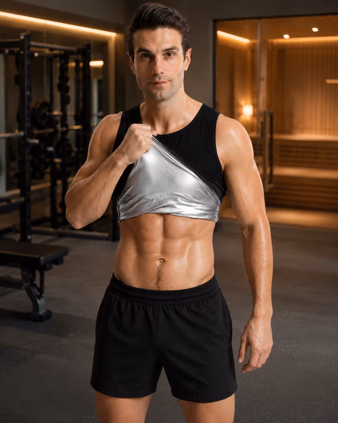 Silver sweat suit sauna shirt for men during heat-enhanced sauna workout session